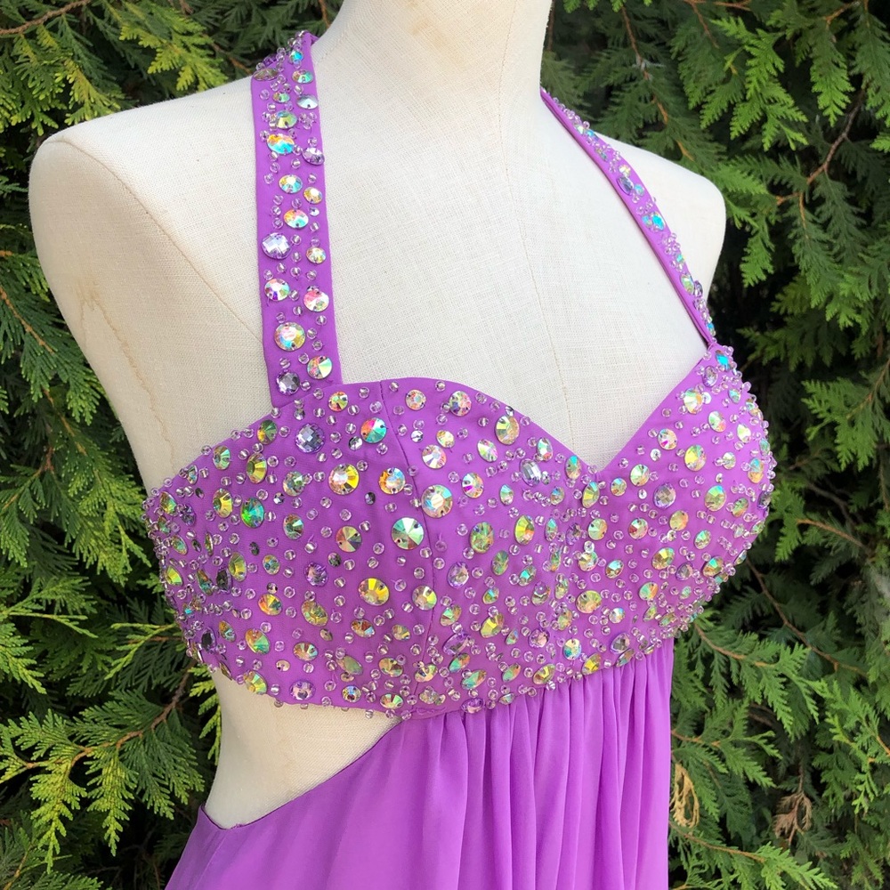 Deb Lavender Halter Prom Dress with Iridescent Embellishments